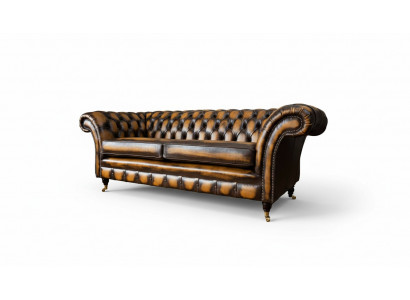 Canapé marron 3 places, design Chesterfield, assise rembourrée en cuir neuf