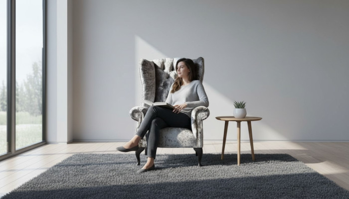 Fauteuil à ailes Chesterfield en tissu gris nouveau