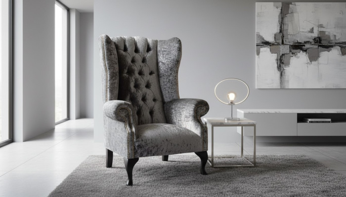 Fauteuil à ailes Chesterfield en tissu gris nouveau