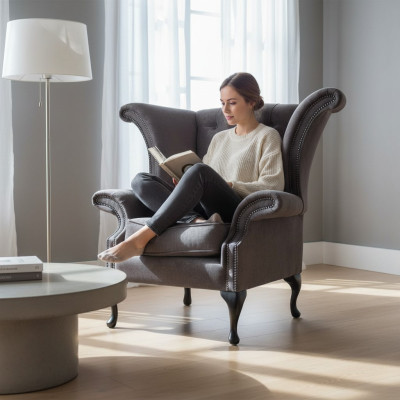 Fauteuil Chesterfield à ailettes en tissu polyester gris pour salon