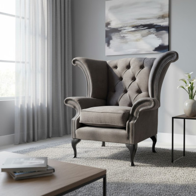 Fauteuil Chesterfield à ailettes en tissu polyester gris pour salon