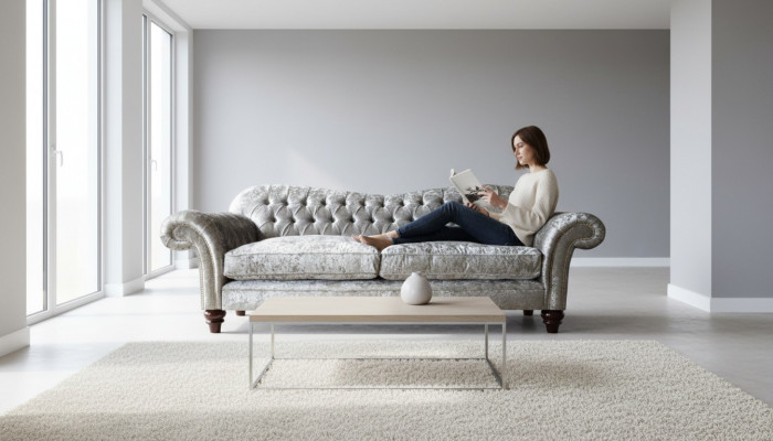 Luxueux canapé Chesterfield classique avec trois places en gris