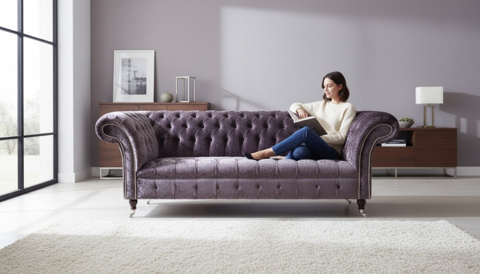 Canapé Chesterfield en tissu de velours de design de meuble de sofa 3 places violet