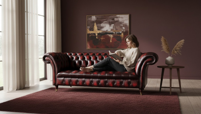 Canapé 3 places en cuir Chesterfield brun, canapé designer, sellerie de luxe, neuf.