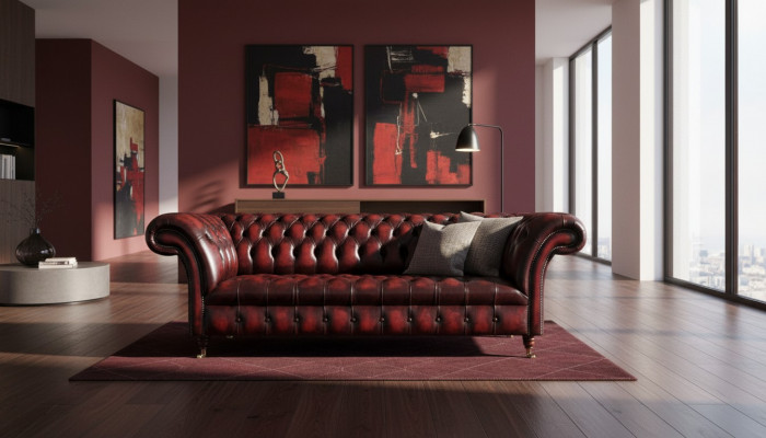 Canapé 3 places en cuir Chesterfield brun, canapé designer, sellerie de luxe, neuf.