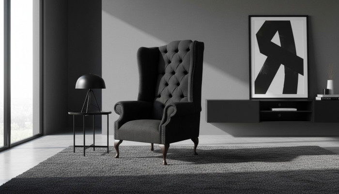 Fauteuil à ailes Siège Noir Design Tissu Chesterfield Nouveau