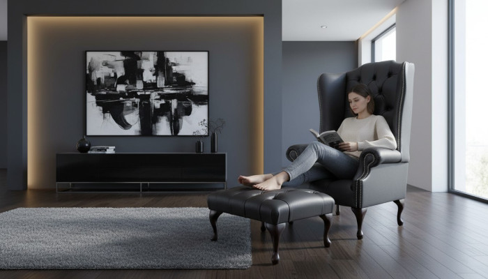 Fauteuil avec tabouret Fauteuil rembourré designer Chesterfield aile neuve