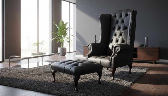 Fauteuil avec tabouret Fauteuil rembourré designer Chesterfield aile neuve