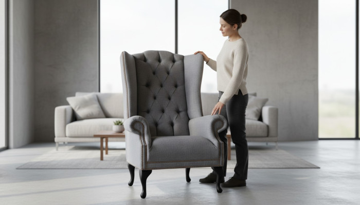 Fauteuil Wing Chesterfield Canapé Canapé Tissu Gris 1 Place Accoudoir Textile