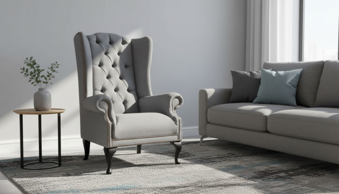 Fauteuil Wing Chesterfield Canapé Canapé Tissu Gris 1 Place Accoudoir Textile