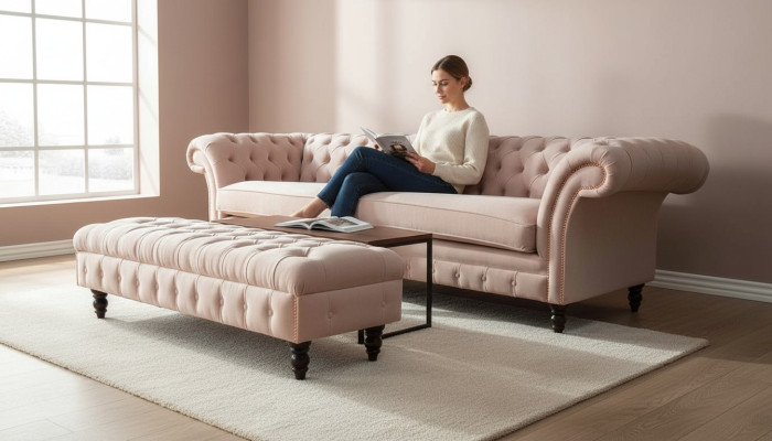 Un canapé Chesterfield luxueux, rose à quatre places, COUSSIN DE SIÈGE INCLUS