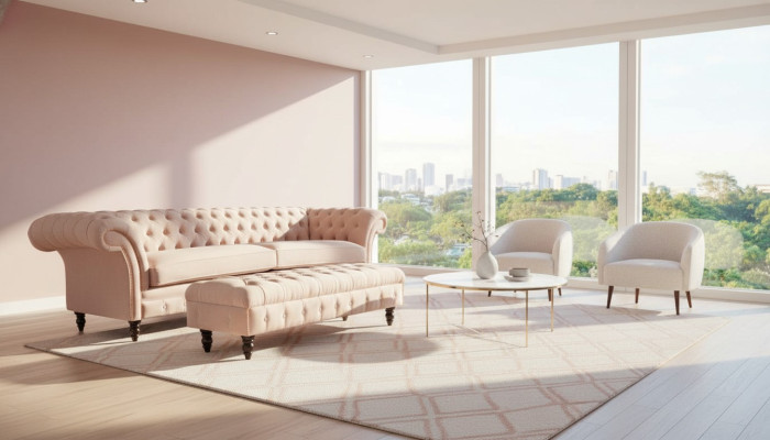 Un canapé Chesterfield luxueux, rose à quatre places, COUSSIN DE SIÈGE INCLUS
