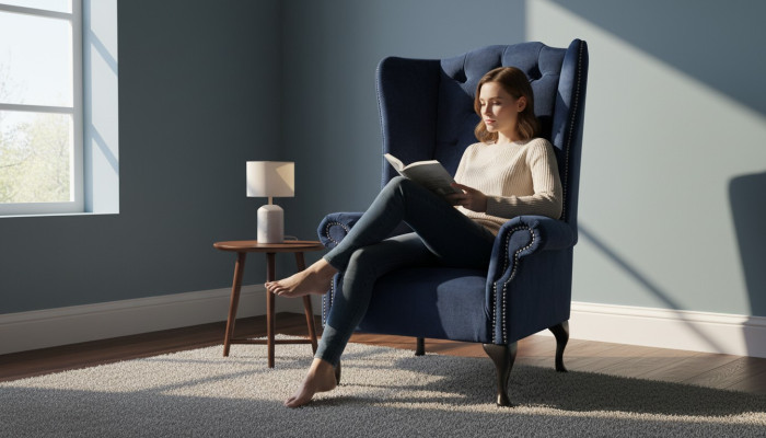 Fauteuil de designer Chesterfield en tissu bleu luxueux, style aile.