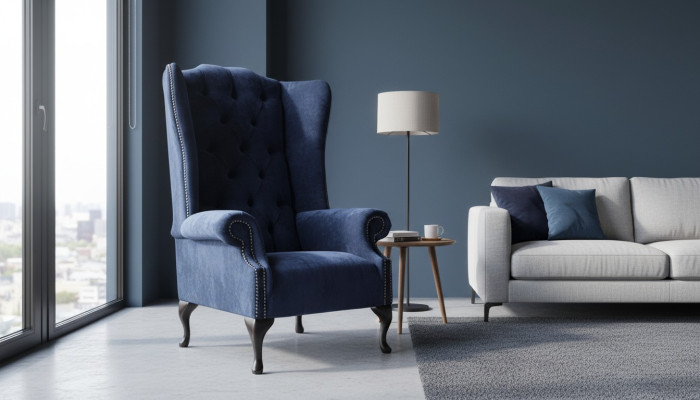 Fauteuil de designer Chesterfield en tissu bleu luxueux, style aile.