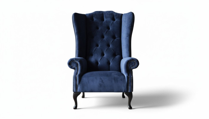 Fauteuil de designer Chesterfield en tissu bleu luxueux, style aile.