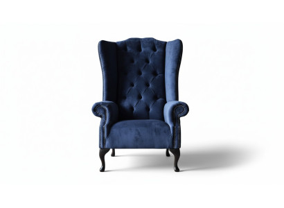 Fauteuil de designer Chesterfield en tissu bleu luxueux, style aile.