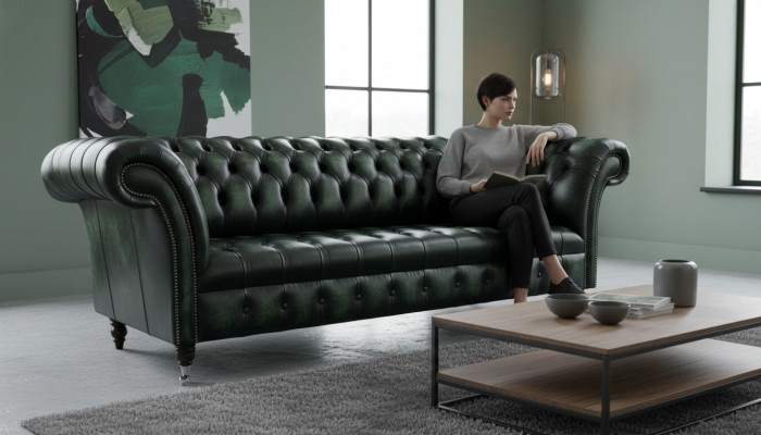 Canapé Chesterfield Upholstery canapé 3 places Chesterfield Cuir Vert neuf