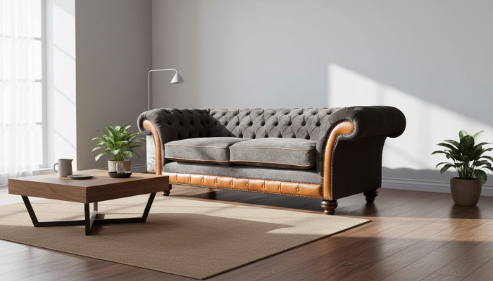 Canapé Chesterfield 3 places Design Canapé Tissu d'ameublement Gris