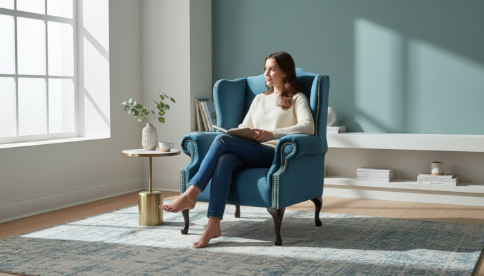 Fauteuil à oreilles Chesterfield monoplace canapé bleu mobilier rembourré neuf