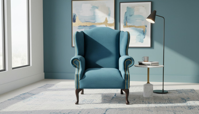 Fauteuil à oreilles Chesterfield monoplace canapé bleu mobilier rembourré neuf