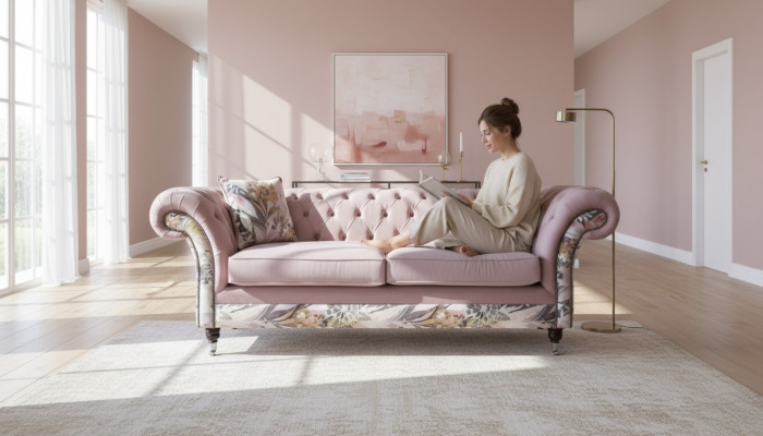 Un canapé Chesterfield trois places vibrant avec un motif floral délicat rose.
