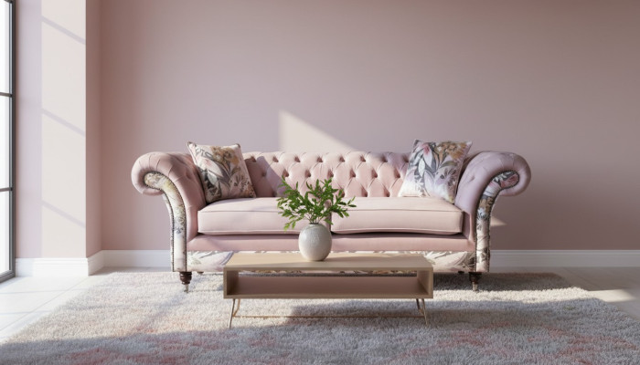 Un canapé Chesterfield trois places vibrant avec un motif floral délicat rose.