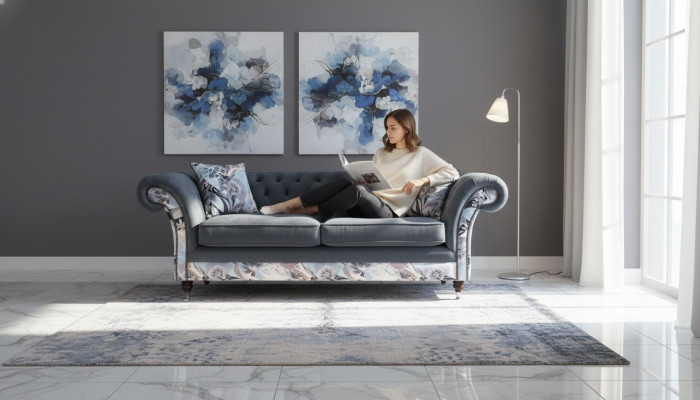 Un canapé trois places remarquable de style Chesterfield avec une délicate décoration florale grise.