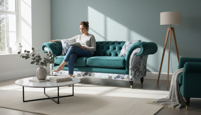 Un canapé Chesterfield trois places vibrant dans une délicate couleur émeraude avec un motif floral.