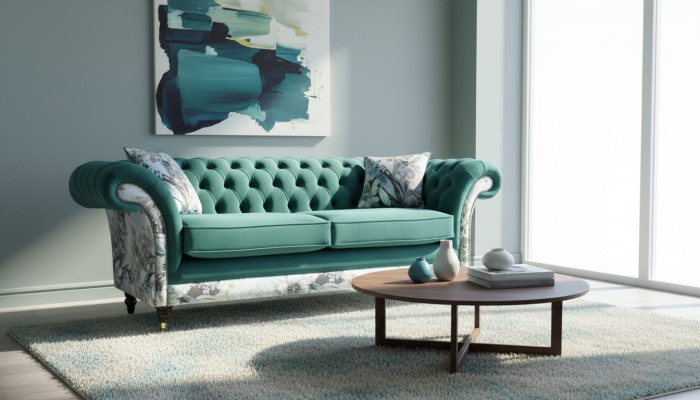 Un canapé Chesterfield trois places vibrant dans une délicate couleur émeraude avec un motif floral.