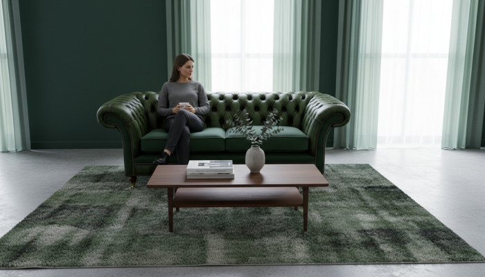 Canapé design 3 places, canapé en cuir rembourré Chesterfield en tissu vert