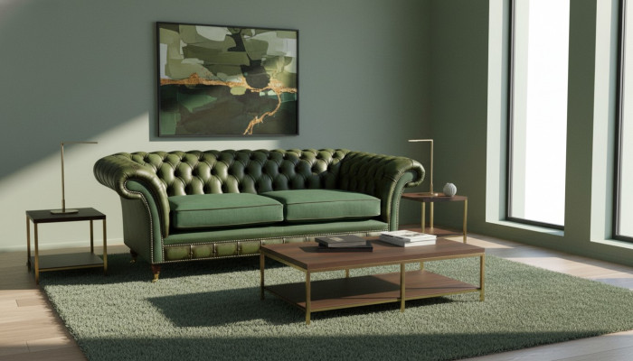 Canapé design 3 places, canapé en cuir rembourré Chesterfield en tissu vert