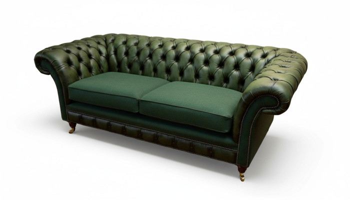 Canapé design 3 places, canapé en cuir rembourré Chesterfield en tissu vert