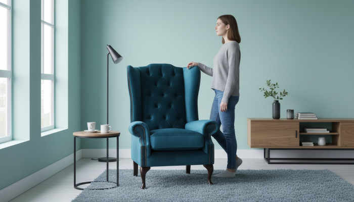 Grande fauteuil à accoudoirs gris de design Chesterfield en textile pour salon