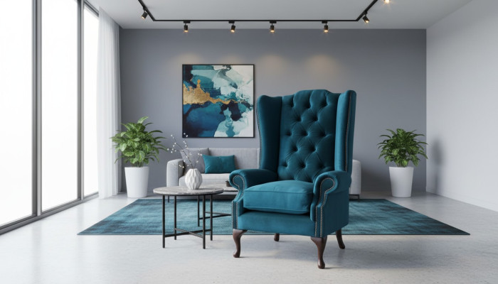 Grande fauteuil à accoudoirs gris de design Chesterfield en textile pour salon