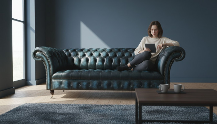 Canapé classique 3 places en tissu en cuir bleu Chesterfield