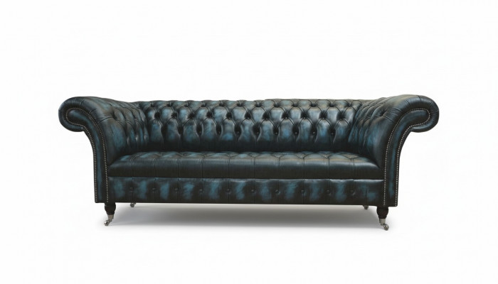 Canapé classique 3 places en tissu en cuir bleu Chesterfield