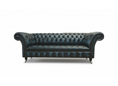 Canapé classique 3 places en tissu en cuir bleu Chesterfield