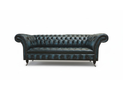 Canapé classique 3 places en tissu en cuir bleu Chesterfield