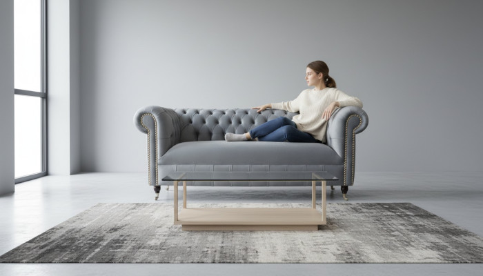 Canapé trois places Chesterfield gris en velours 230cm