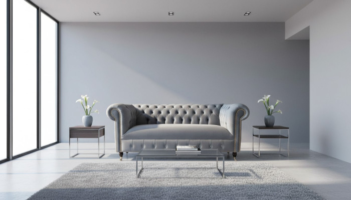 Canapé trois places Chesterfield gris en velours 230cm