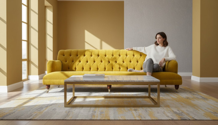 Conception Chesterfield Chesterfield Textile Jaune 5 places Canapé Rembourrage neuf