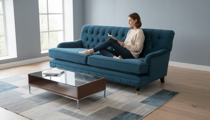 Chesterfield Design Canapé Trois Places en Tissu Bleu Luxueux