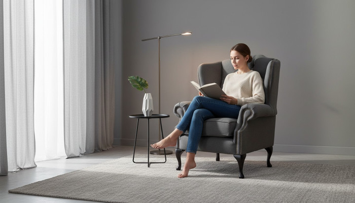 Gris Fauteuil à Ailes Fauteuil de Design Revêtement Canapé Chesterfield Textile neuf