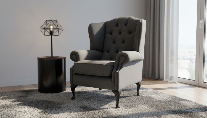 Gris Fauteuil à Ailes Fauteuil de Design Revêtement Canapé Chesterfield Textile neuf