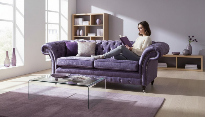Canapé 3 places Chesterfield en tissu violet pour le salon