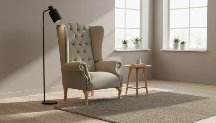 Fauteuil Gris en Aile de Fauteuil Design Rembourrage Chesterfield Salon Textile