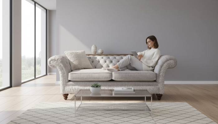 Moderne canapé design trois places en tissu d'ameublement beige Chesterfield pour le salon.