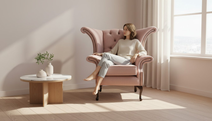 Fauteuil à ailes en velours, canapé rembourré design Chesterfield en tissu.