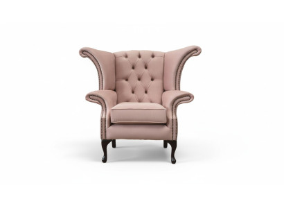 Fauteuil à ailes en velours, canapé rembourré design Chesterfield en tissu.