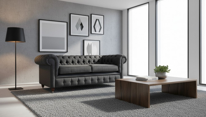 Chesterfield Canapé Revêtement Meubles Banquettes Deux places Canapés Tissu Gris